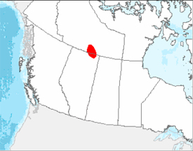 Figure 1. Known breeding distribution of the Whooping Crane (Grus americana) in Canada. (See long description below)