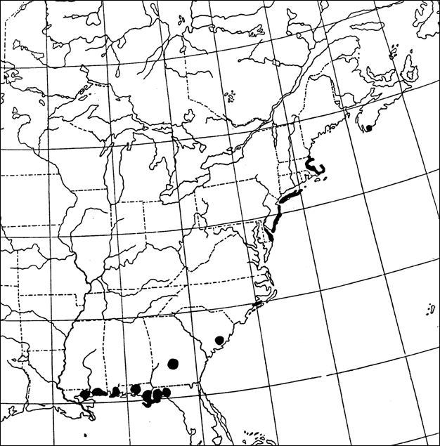 Figure 2.  The range of thread-leaved sundew in North America. The distributional information is from Wynne (1944), except for the later-discovered populations in extreme southwestern Nova Scotia.