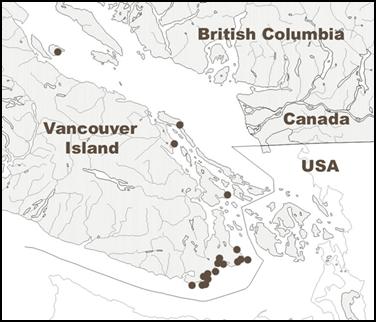 Figure 4. Distribution of Macoun’s meadowfoam (Limnanthes macounii) in British Columbia, Canada.