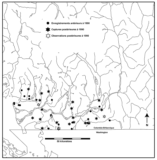 Figure 3.  Aire de répartition canadienne de la musaraigne de Bendire (Sorex bendirii) fondée sur toutes les données d’occurrences connues historiques et récentes.