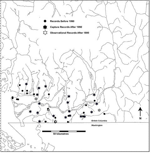 Figure 3.  Canadian range of the Pacific water shrew (Sorex bendirii) based on all known historical and recent occurrences.
