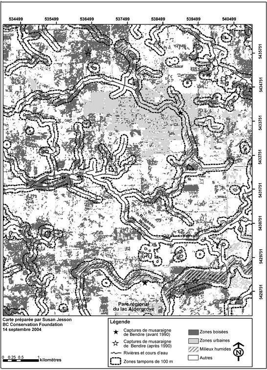 Figure 4.   Carte provenant d’une analyse SIG et illustrant la fragmentation de l’habitat dans la région d’Aldergrove, dans le sud-ouest de la Colombie-Britannique.