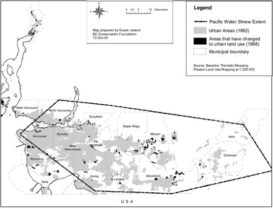 Figure 6. The amount of urbanized area within the range (extent of occurrence) of the Pacific water shrew (Sorex bendirii) in Canada.