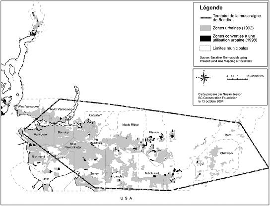 Figure 6.  Superficie de la zone urbanisée dans l’aire de répartition (zone d’occurrence) de la musaraigne de Bendire (Sorex bendirii) au Canada.