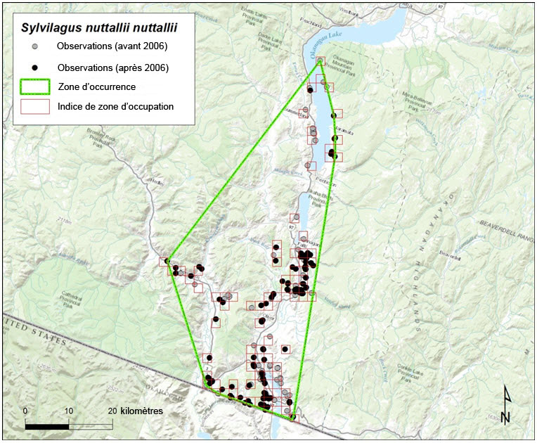 Zone d’occurrence et  indice de zone d’occupation du lapin de Nuttall de la sous-espèce nuttallii