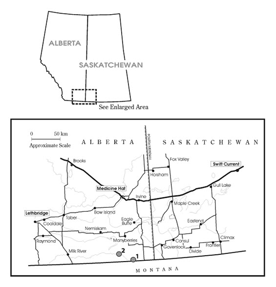 The distribution of soapweed and yucca moths in Alberta.