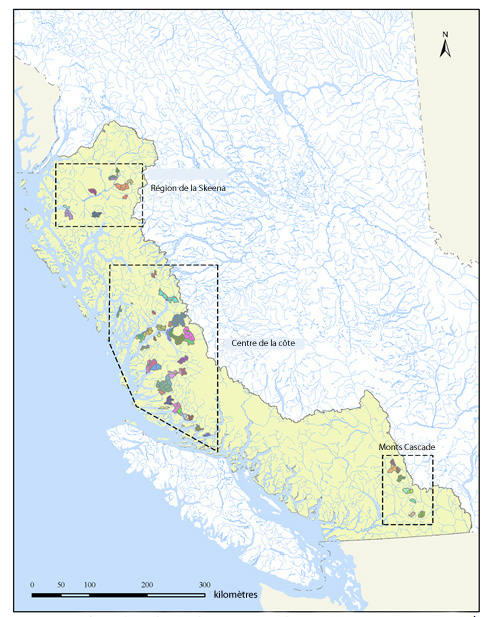 Carte montrant proposé et zones d'habitat faunique existant pour la grenouille-à-queue côtière