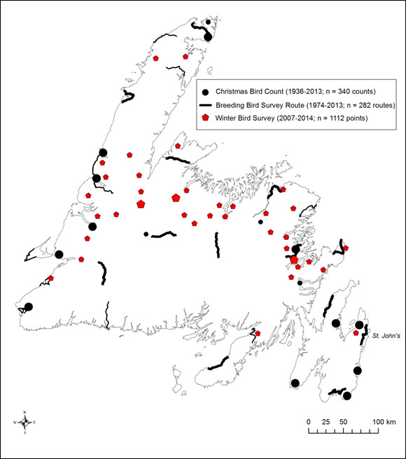 Map showing locations of Christmas Bird Counts (see long description below)