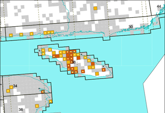 Map showing the locations of survey blocks (see long description below)