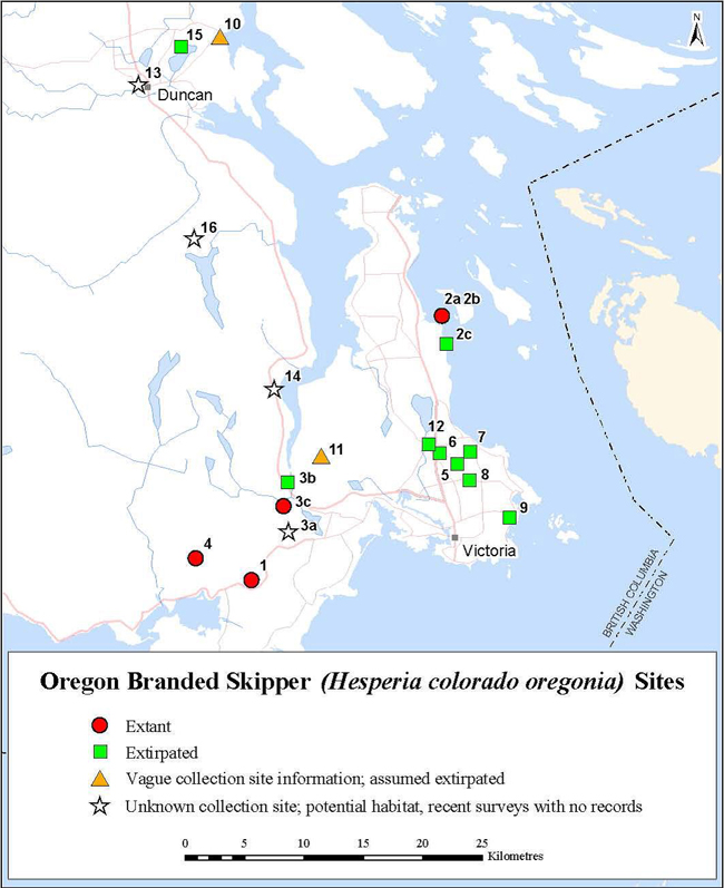 Distribution of the Oregon Branded Skipper in Canada.