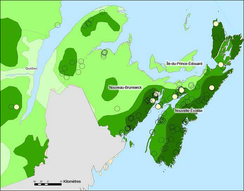 Répartition globale des trois variétés d'Oxytropis lagopus au Canada