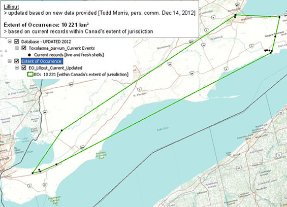 Map showing the extent of occurrence (EO) of the Lilliput based on all records within Canada's extent of jurisdiction. (See long description below)