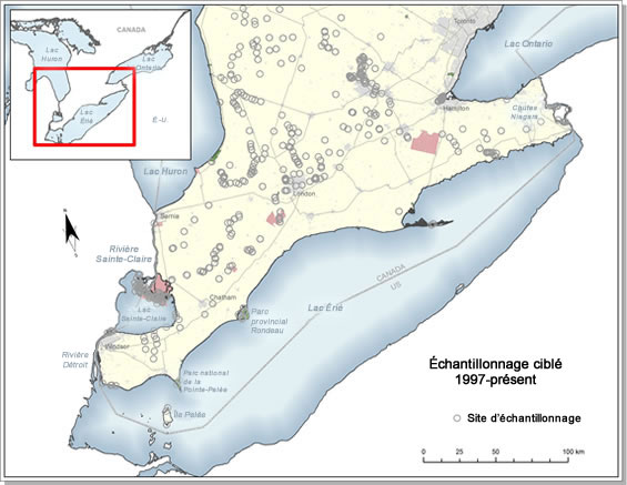 Figure 8. Sites d’échantillonnage récents (1997-2012) de moules dans l’aire de répartition canadienne du toxolasme nain (Toxolasma parvum). (Voir description longue ci-dessous.)