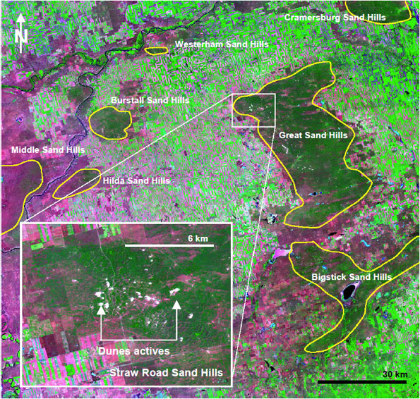 Figure 4. Regional and local scale distribution of sand dunes in southwestern Saskatchewan.