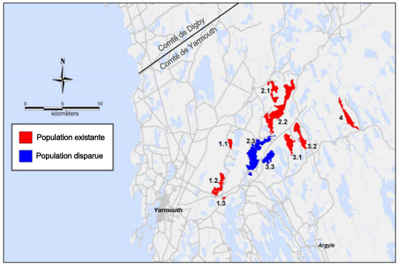 Aire de répartition canadienne du coréopsis rose (voir description longue ci-dessous).