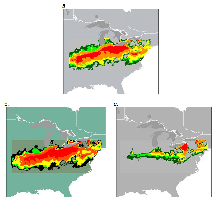 Three BIOCLIM-modelled climate maps (see long description below)
