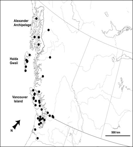 Figure 3. Distribution of Keen’s long-eared bat (Myotis keenii) in North America.  Location records are based on historical museum specimens identified from morphometric traits or recent voucher specimens or captured animals identified from mtDNA analysis of tissue samples. Magnetic north is indicated.