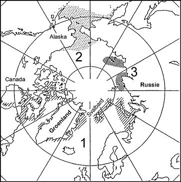 Répartition approximative 1) du morse de l’Atlantique, 2) du morse du Pacifique et 3) du morse de la mer de Laptev