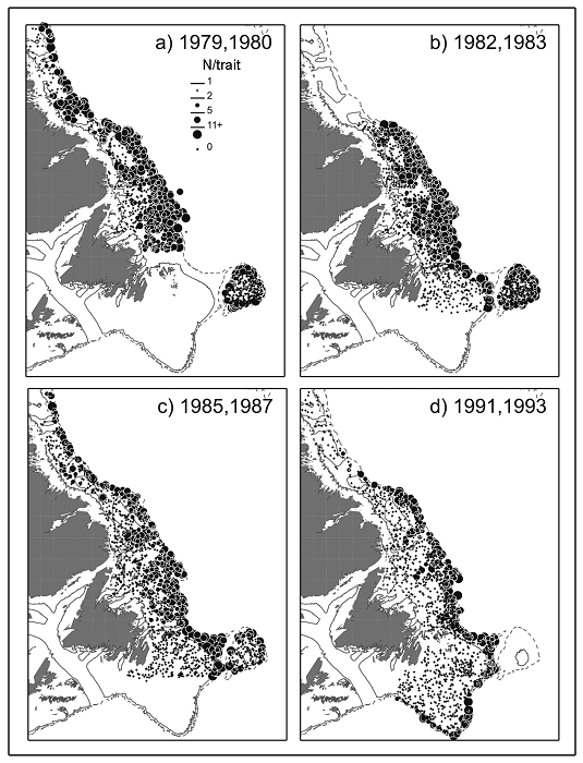 Figure 10.  Répartition géographique des prises de grenadier berglax dans le cadre du relevé automnal des plateaux du Labrador et du nord-est de Terre-Neuve ainsi que du Grand Banc pour certaines années choisies entre 1978 et 1994 (relevés au chalut Engels). La taille des cercles est proportionnelle au nombre d’individus pris. Les points de coupure correspondent aux 10e, 25e, 50e et 75e centiles des prises non nulles. Les croix indiquent les prises nulles. Les courbes bathymétriques correspondant à des profondeurs de 200 m et de 1000 m sont illustrées respectivement par des traits solides et par des lignes pointillées.