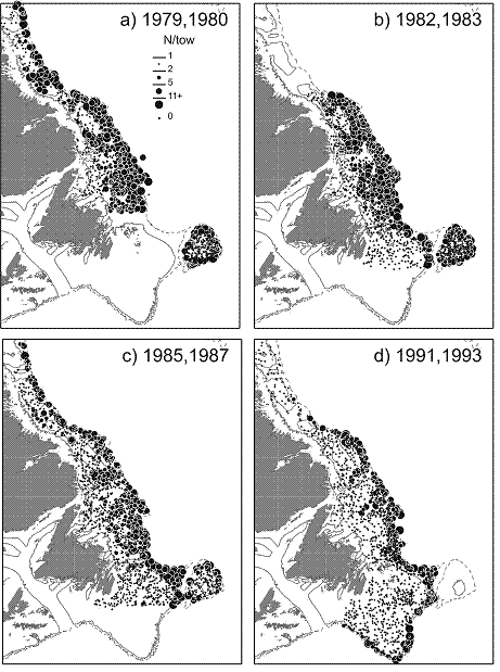Figure 10.  Geographic distribution of roughhead grenadier catches in the fall survey of the Labrador and NE Newfoundland Shelves and the Grand Bank for selected years between 1978 and 1994 (Engels surveys). Circle size is proportional to catch. Cutpoints are the 10th, 25th, 50th, and 75th percentiles of the non-zero catches. Crosses indicate zero catches. The 200 and 1000 m depth contours are denoted by solid and dashed lines, respectively.