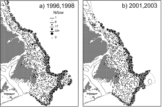Figure 11.  Geographic distribution of roughhead grenadier catches in the fall survey of the Labrador and NE Newfoundland Shelves and the Grand Bank for selected years between 1995 and 2000 (Campelen surveys). See Figure 10 caption for further details.
