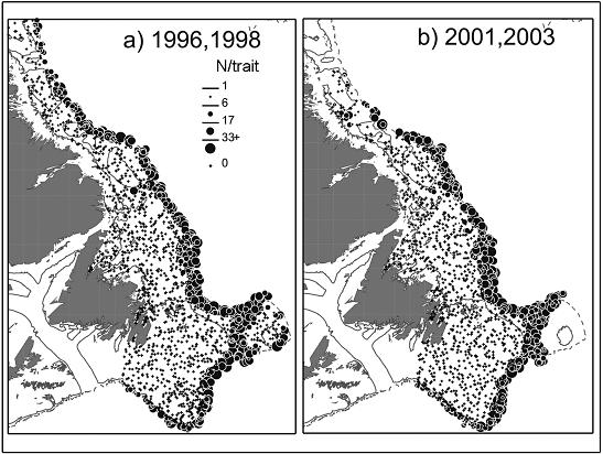 Figure 11. Répartition géographique des prises de grenadier berglax dans le cadre du relevé automnal des plateaux du Labrador et du nord-est de Terre-Neuve ainsi que du Grand Banc pour certaines années choisies entre 1995 et 2000 (relevés au chalut Campelen). Voir la légende de la figure 10 pour obtenir plus de détails.