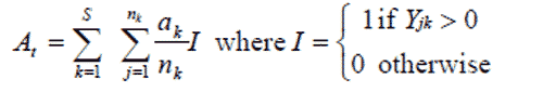 Calculation of area occupied: where ak is the area of the stratum k, S is the number of strata sampled, nk is the number of tows made in stratum k in year t, and Yjk is the catch in tow j in stratum k in year t.