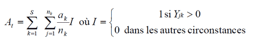 Calcul de la superficie occupée : où ak correspond à la superficie de la strate k, S, au nombre de strates soumises à un échantillonnage, nk, au nombre de traits effectués dans la strate k au cours de l’annéet, et Yjk, aux prises par trait j dans la strate k pendant l’année t.