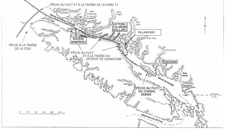 Route principale de migration des adultes et emplacement des pêches