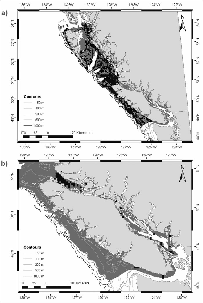 Two maps showing potential and occupied habitat of Yelloweye Rockfish (see long description below).