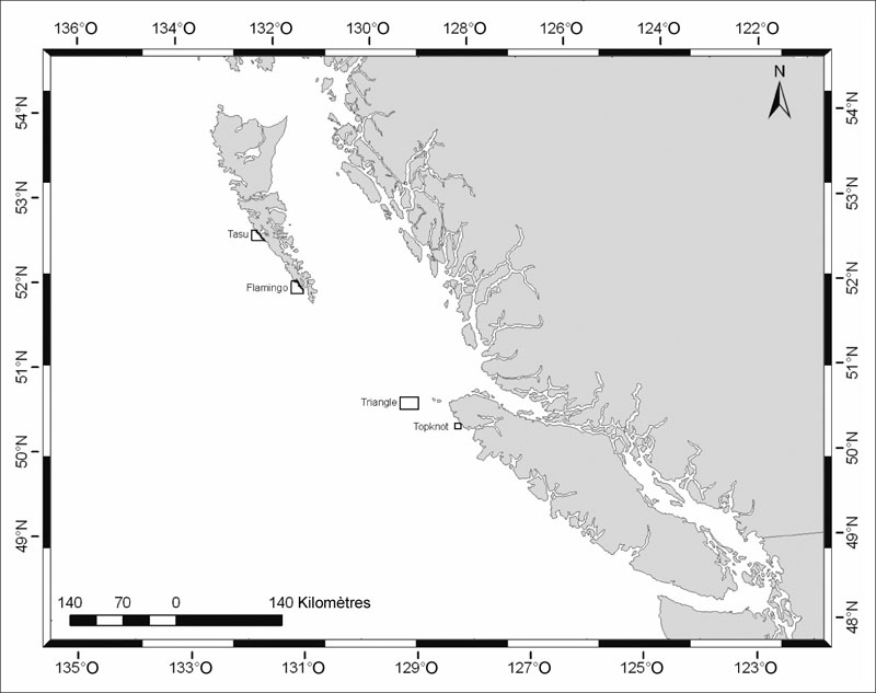 Carte montrant les quatre sites (voir description longue ci-dessous).