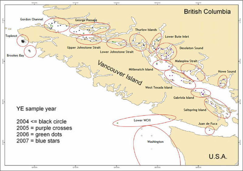 Map showing Yelloweye Rockfish sampling locations (see long description below).