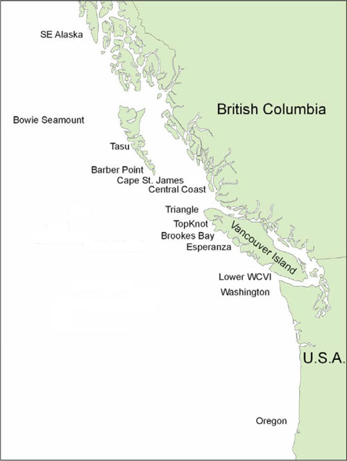 Map showing Yelloweye Rockfish sampling locations (see long description below).