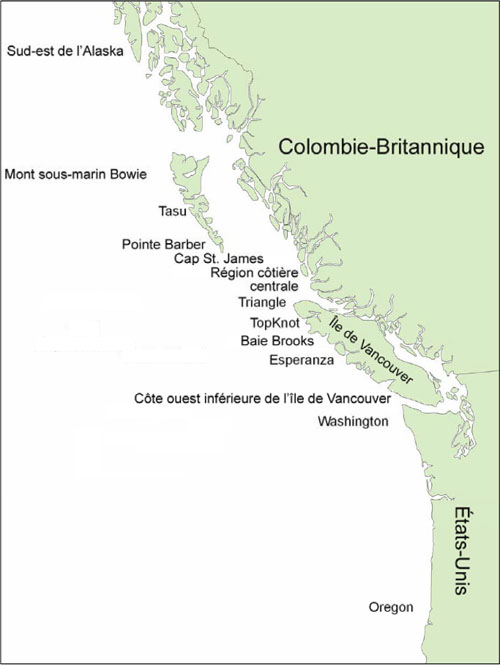 Carte montrant les lieux d’échantillonnage du sébaste aux yeux jaunes (voir description longue ci-dessous).