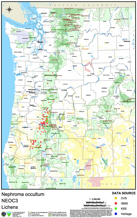 Figure 7.  Distribution of Nephroma occultum in Washingtonand Oregon (USDI Bureau of Land Management).