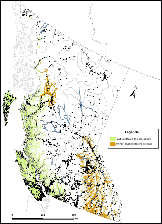 Figure 6 .Emplacements généraux des collectes de macrolichens en Colombie-Britannique, d’après les données des spécimens reposant au Cryptogamic Herbarium, University of British Columbia.(voir longue description ci-dessous)