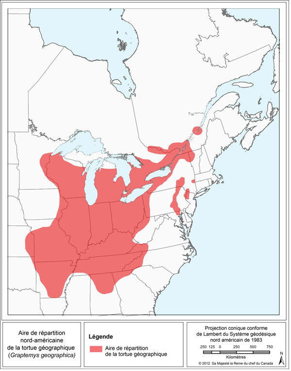 Carte : Aire de répartition nord-américaine de la tortue géographique