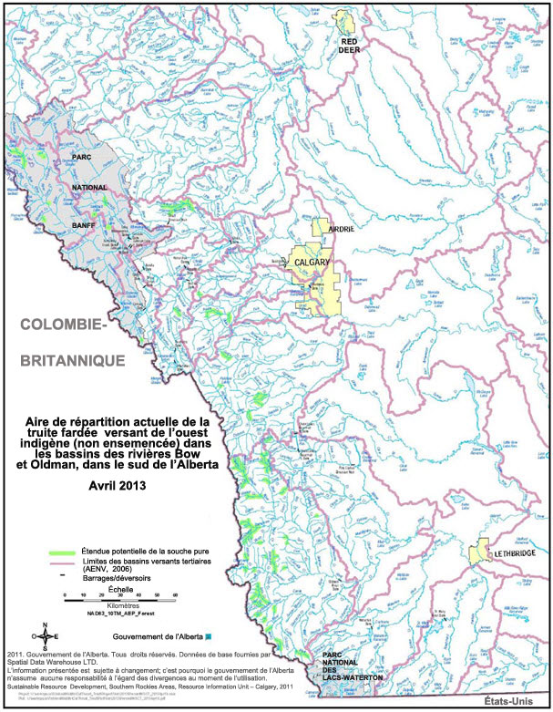 Aire de répartition actuelle de l’UD de la  rivière Saskatchewan et du fleuve Nelson de la truite fardée versant de l’ouest
