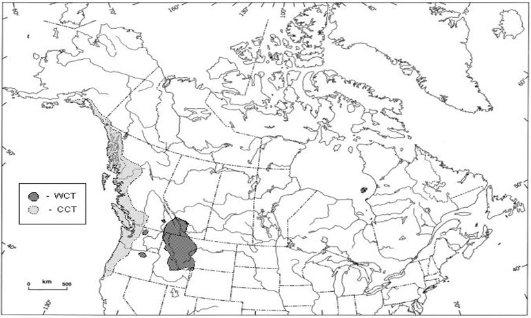 Global/Canadian ranges of native Coastal (CCT) and Westslope  Cutthroat Trout (WCT)