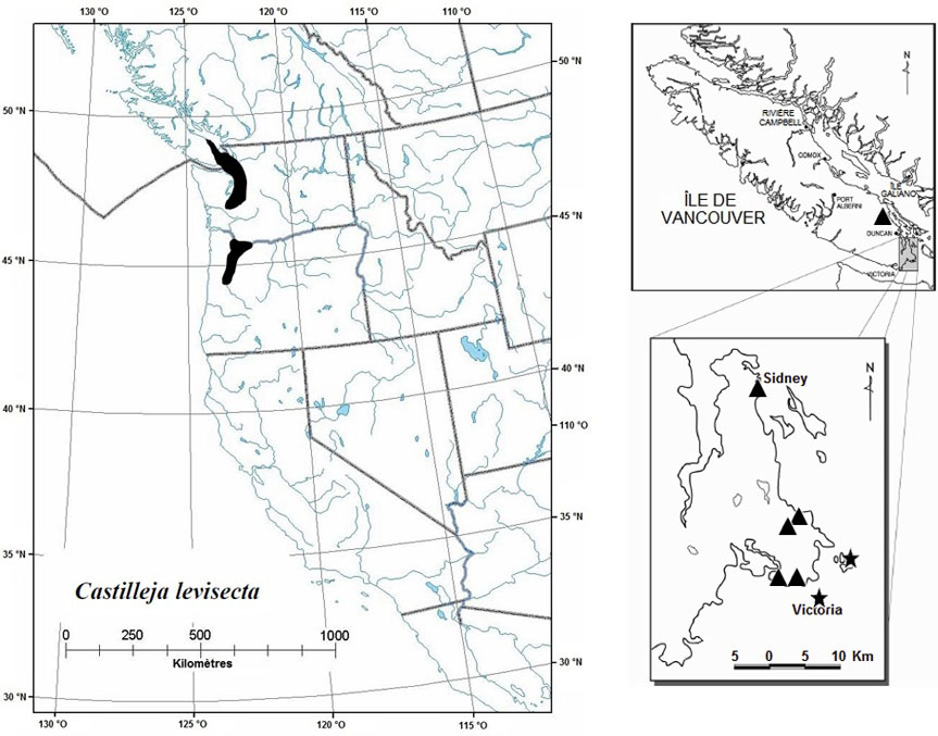 Répartition mondiale et canadienne du Castilleja levisecta (voir description longue ci-dessous).