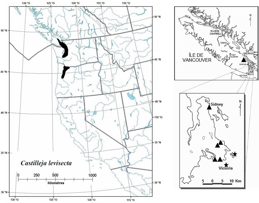 Répartition mondiale et canadienne du Castilleja levisecta (voir description longue ci-dessous).