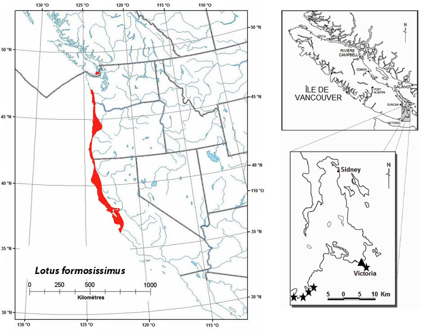 Répartition mondiale et canadienne du Lotus formosissimus (voir description longue ci-dessous).