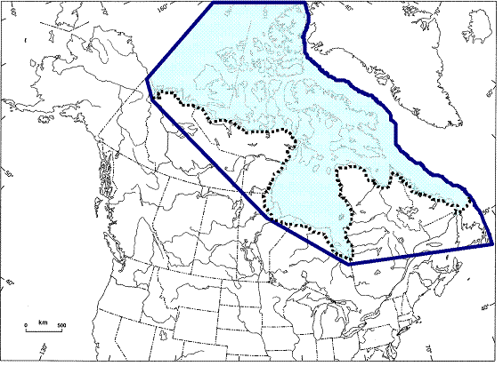 Figure 3. The extent of occurrence (bold polygon, 8.7 × 106 km2) and area of occupancy (shaded region with dotted outline, 5.6 × 106 km2) of polar bears in Canada (areas estimated using Lambert Equal-Area Azimuthal [North Pole] projection in ArcGIS, v. 9.1 [ESRI, 380 New York Street, Redlands, CA]).