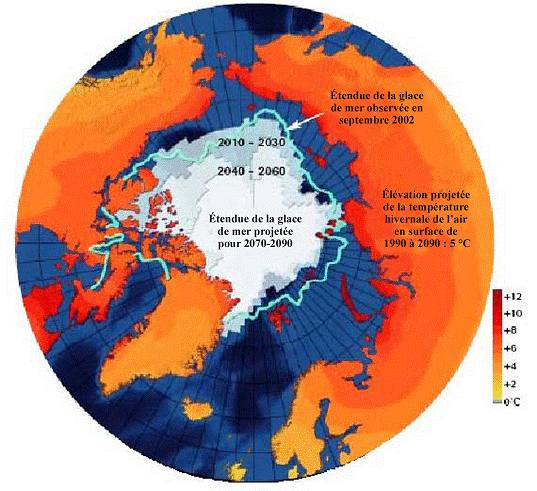 Figure 5. Étendue de la glace de mer courante et projetée (projections fondées sur la moyenne des modèles) en septembre, selon le rapport de l’Évaluation de l’impact du changement climatique dans l’Arctique (ACIA, 2004). Source : ACIA (2004) et © Arctic Climate Impact Assessment.