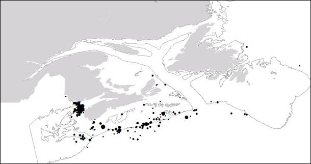 Mentions tirées de la base de données sur les espèces en péril pour 1998 à 2003, principalement autour de la Nouvelle-Écosse, au Canada. La taille des points noirs est proportionnelle au nombre de spécimens observés