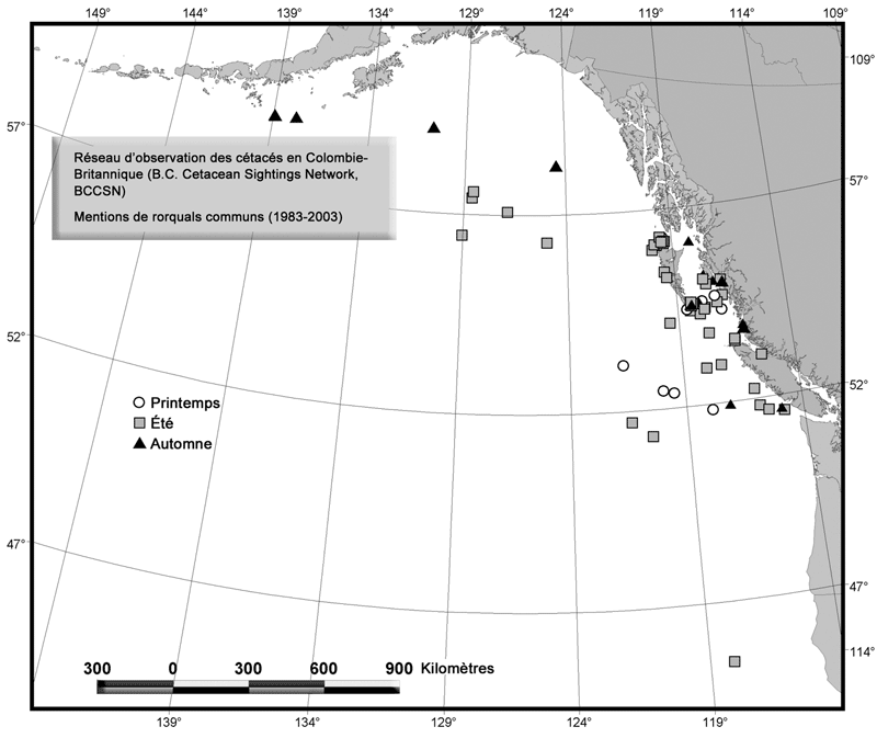 Observations au gré des occasions de rorquals communs dans les eaux de la Colombie-Britannique et dans les environs (BCCSN, D. Sandilands, comm. pers.)