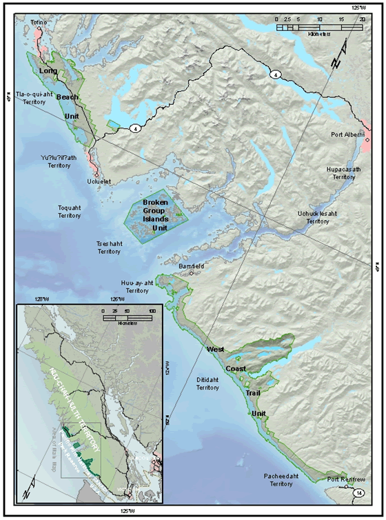Figure 1 : situation géographique de la réserve de parc national du Canada Pacific Rim en Colombie-Britannique. Le parc est situé sur la côte ouest de l’île de Vancouver et se compose de trois grands secteurs, soit les secteurs de la plage Long, de l’archipel Broken Group et du sentier de la Côte-Ouest.