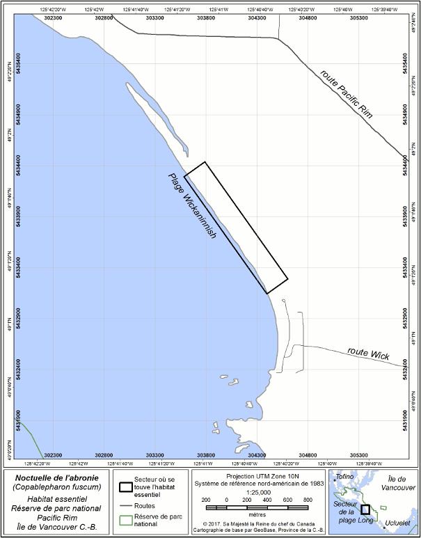 Figure 2 : zone (35,6 ha) du secteur de la plage Long dans la réserve de parc Pacific Rim dans laquelle se trouve l’habitat essentiel de la noctuelle de l’abronie.