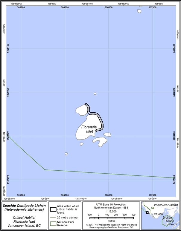 Figure 3: Area (9.5 ha) within which critical habitat is found on Florencia Islet.