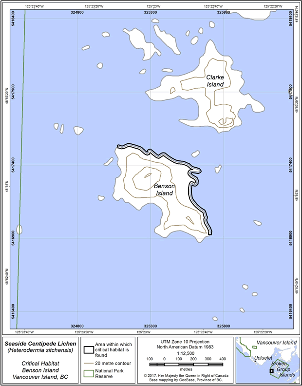 Figure 4: Area (2.5 ha) within which critical habitat is found on Benson Island.